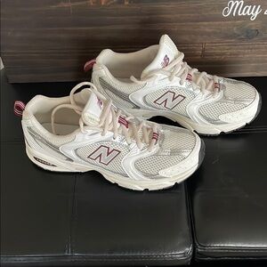 New Balance White and Red Sneakers with Chunky Design and Cushioned Sole